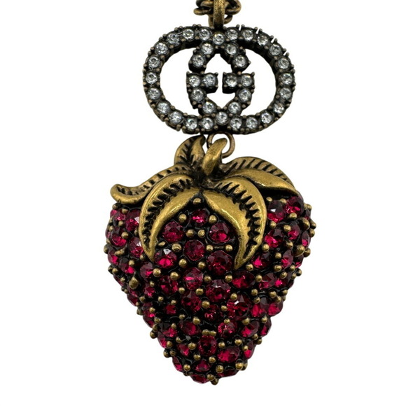 GUCCI Rhinestone Strawberry Necklace Chain Gold Women's - Picture 7 of 10